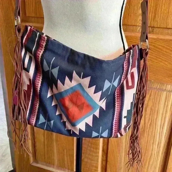 Western Print Canvas Handbag with Fringe Tassels - Picture 1 of 6